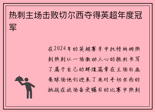 热刺主场击败切尔西夺得英超年度冠军